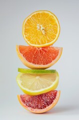 Pyramid of citrus fruits: grapefruit, lemon, orange, lime, and mint on a white background. Balancing fruits on the table.
