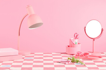 Some personal necessaries in pink color featured on the table has checkered pattern, on light pink...