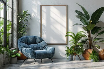 An empty white wall with a poster mounted in the middle. Picture of a living room interior with blue velvet armchairs. A 3D render of the interior.