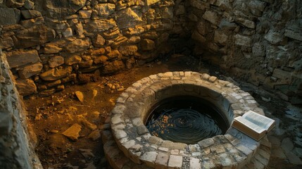 Ancient mysterious well of Jacob a retro Bible beside stories of faith and encounters