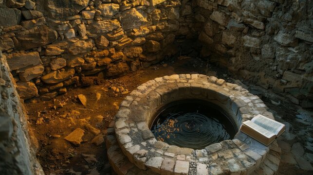 Ancient mysterious well of Jacob a retro Bible beside stories of faith and encounters
