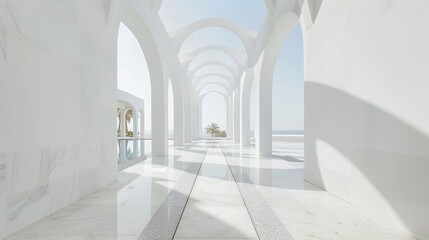 Pristine white sanctuary with minimalist marble walkway poles and arches in harmony