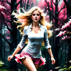 Ink drawing. Young beautiful blond girl walking through a spring forest. White and pink details, ultra realistic poster