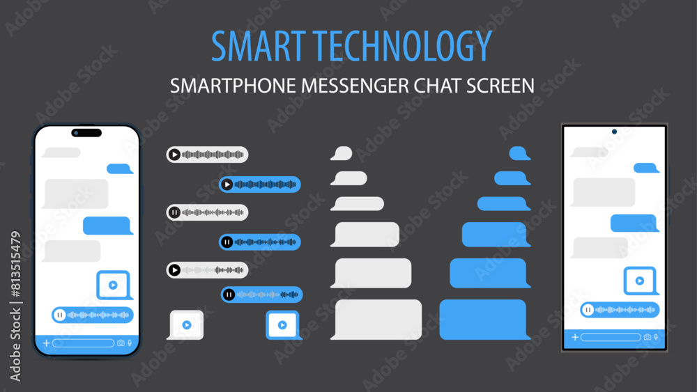 Poster smart phone with messenger chat screen. sms template bubbles for compose dialogues. vector chatting 