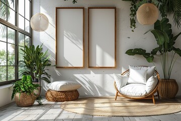 Scandinavian style living room interior mockup with frames and chairs.
