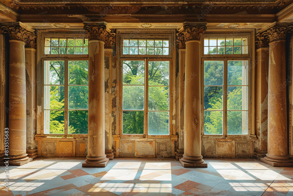 Poster a room with columns and a large window