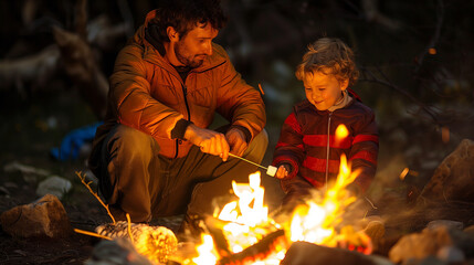 Father and son roast marshmallow on campfire