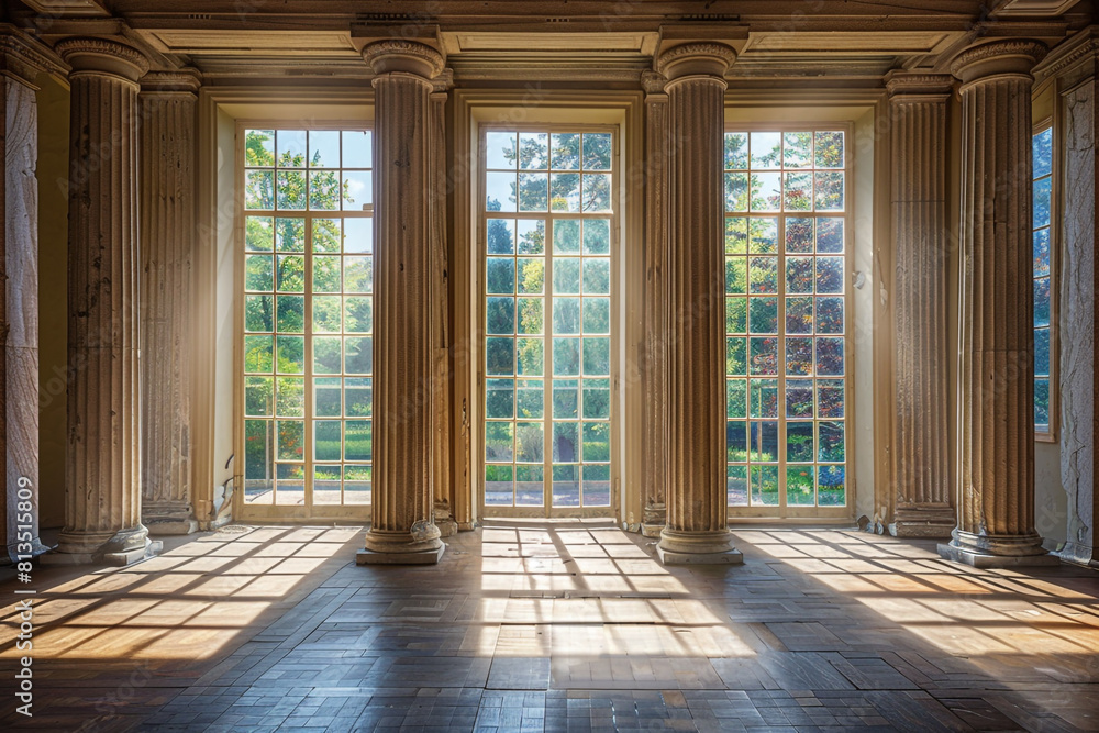 Poster a room with columns and a large window