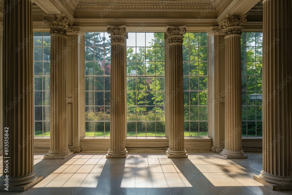 Poster a room with columns and a large window