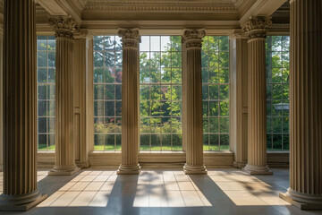 Fototapeta premium A room with columns and a large window 
