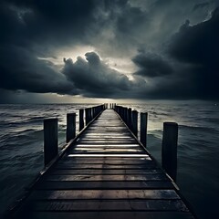 Vintage Maritime Drama: Old Wooden Jetty Amidst a Stormy Sea