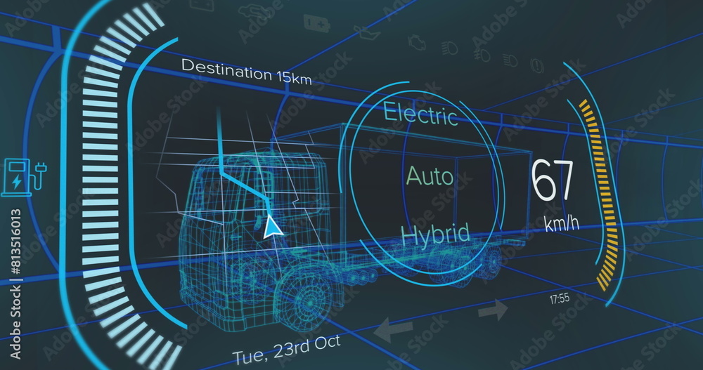 Poster image of digital dashboard data processing over truck icon in seamless pattern