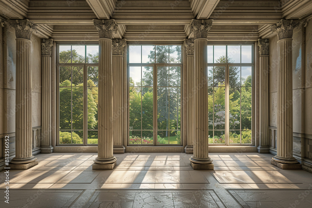 Poster a room with columns and a large windowai