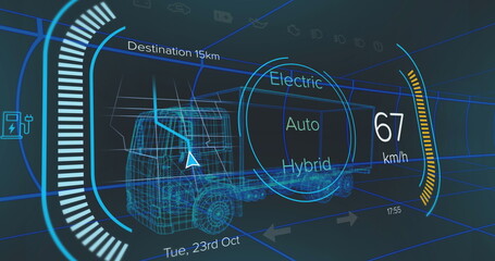 Image of digital dashboard data processing over truck icon in seamless pattern