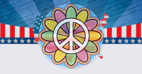 Image of country coloured with flag of usa over peace symbol