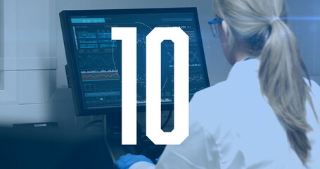 Image of countdown and mathematical equations over caucasian female scientist in lab
