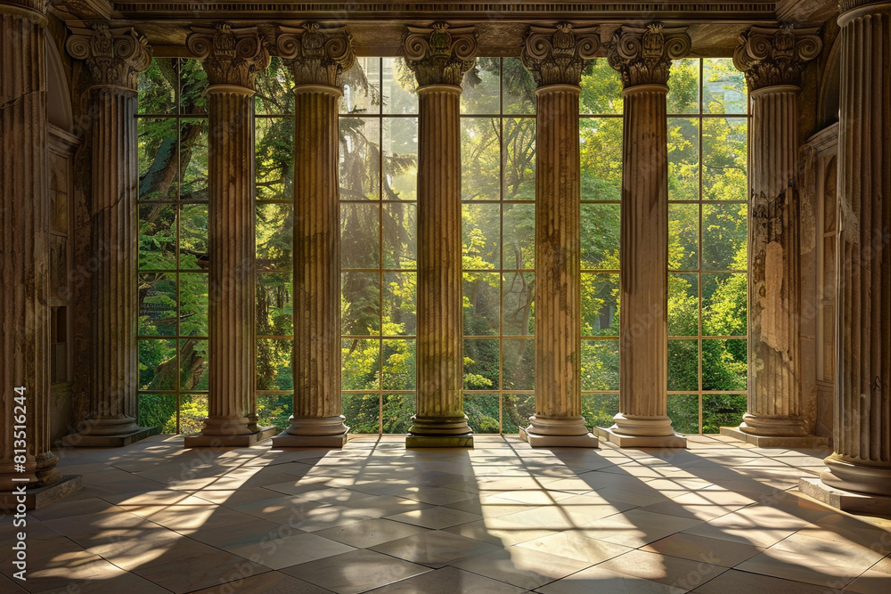 Poster a room with columns and a large windowai