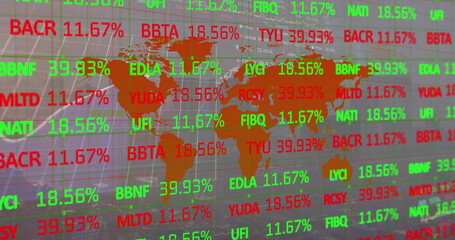 Image of financial data processing over world map