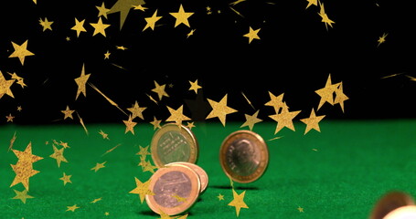 Image of stars over coins falling