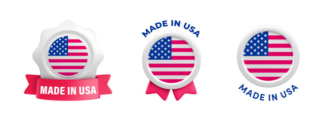 Made in USA round badges set. Vector realistic 3d labels with American flag and red ribbon. American product emblem medal, US quality product design element.