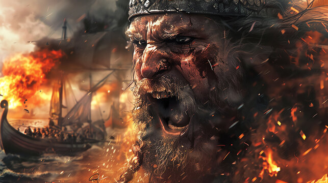 Closeup of a male Viking warriors face, roaring with rage, surrounded by the chaos of a coastal raid with ships and flames
