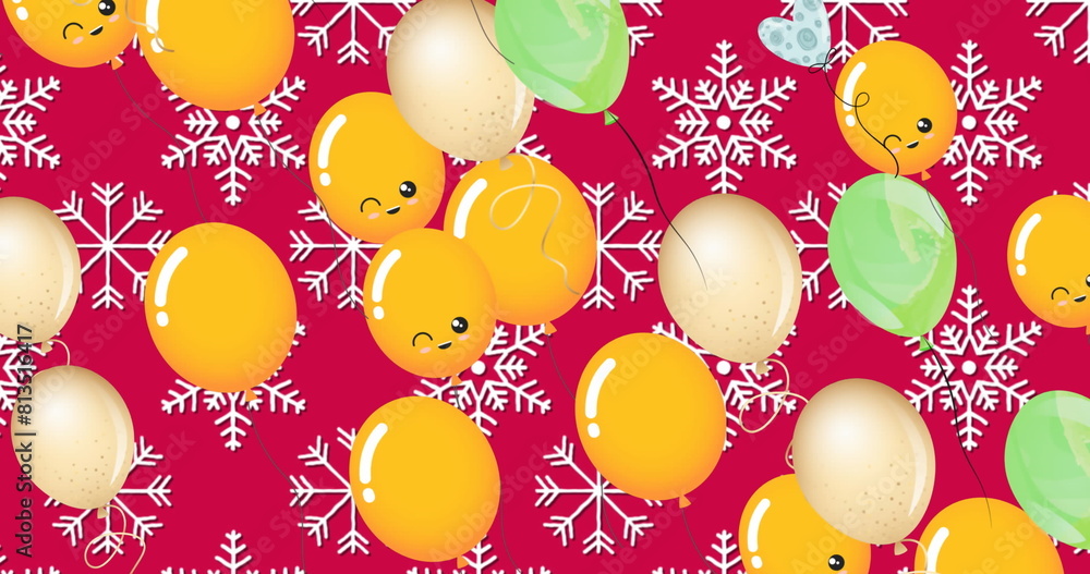 Sticker image of balloones over snowflakes on red background