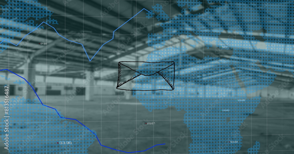 Poster image of message icon and statistical data processing over world map against empty warehouse