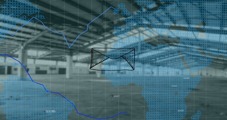 Image of message icon and statistical data processing over world map against empty warehouse