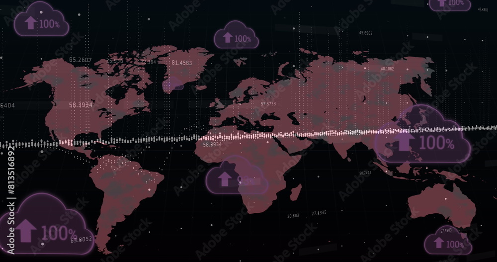 Poster image of multiple cloud icons with increasing percentage over world map on black background