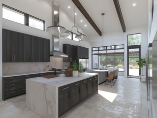 A large kitchen with a white island and a black cabinet