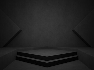 3D black podium. Dark concrete room background.