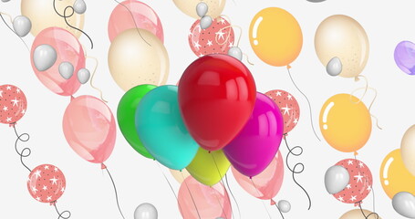 Images of multicolored balloons moving against white background