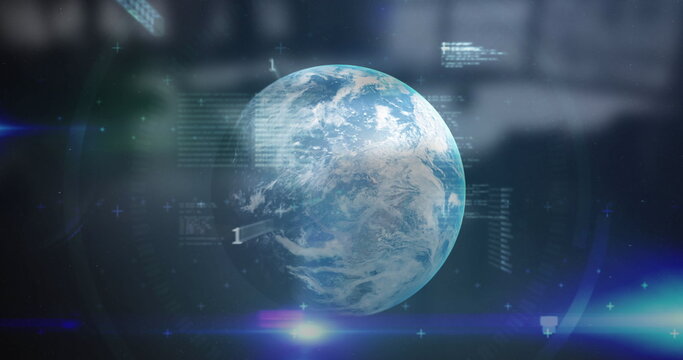 Image of statistical and stock market data processing over globe against empty office