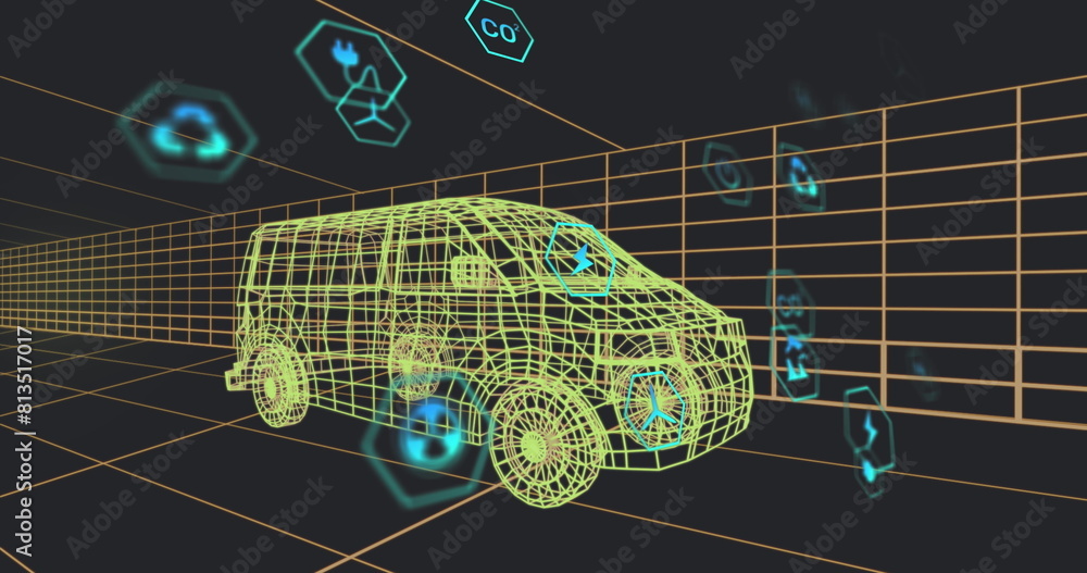 Poster image of multiple digital icons over 3d van model moving in seamless pattern in a tunnel