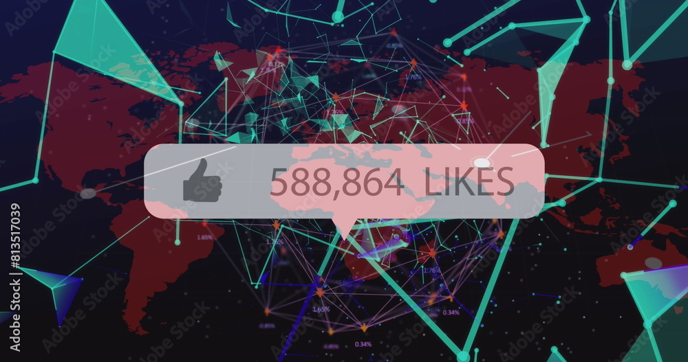 Poster image of like icon with increasing numbers over plexus networks against world map