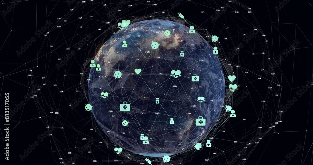 Poster image of connected icons and dots around rotating globe over black background