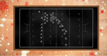 Image of football game strategy on black chalkboard against textured pink background