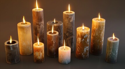 Set of Pillar Candles with Flames Illuminated

