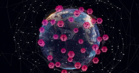 Image of connected pink icons and dots around globe rotating against black background