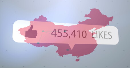 Image of like icon with increasing numbers over usa map against blue background