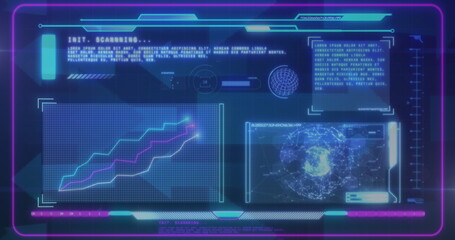 Image of interface with data processing over multiple arrow icons moving against blue background