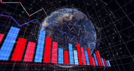 Image of statistical data processing and network of connections over spinning globe