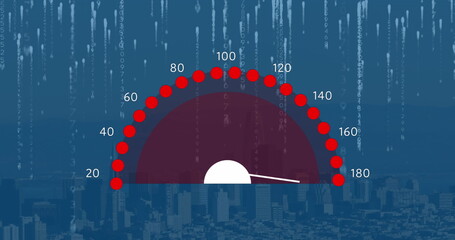 Image of speedometer and binary coding against aerial view of cityscape