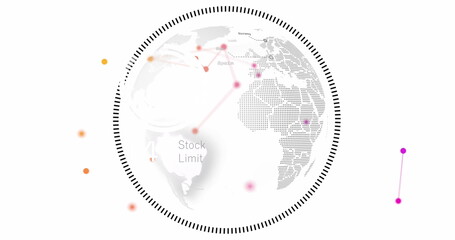 Image of network of connections over spinning globe against grey background