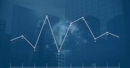 Image of data processing and profile icons over spinning globe against tall buildings