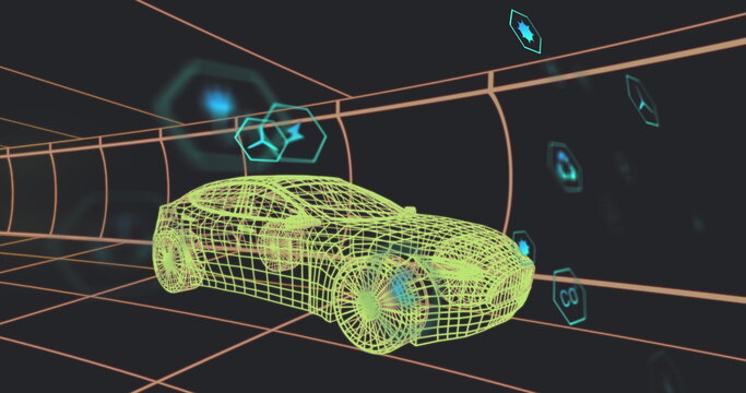 Image of eco icons and data processing over 3d car technical drawing - Powered by Adobe