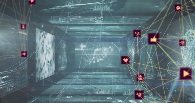 Image of two globes of digital icons spinning against screens with medical data processing