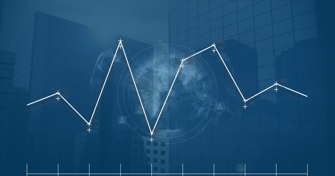 Image of data processing and profile icons over spinning globe against tall buildings