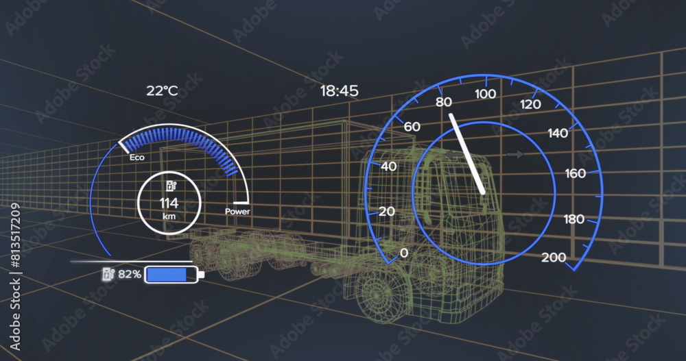 Poster image of digital dashboard data processing over truck icon in seamless pattern
