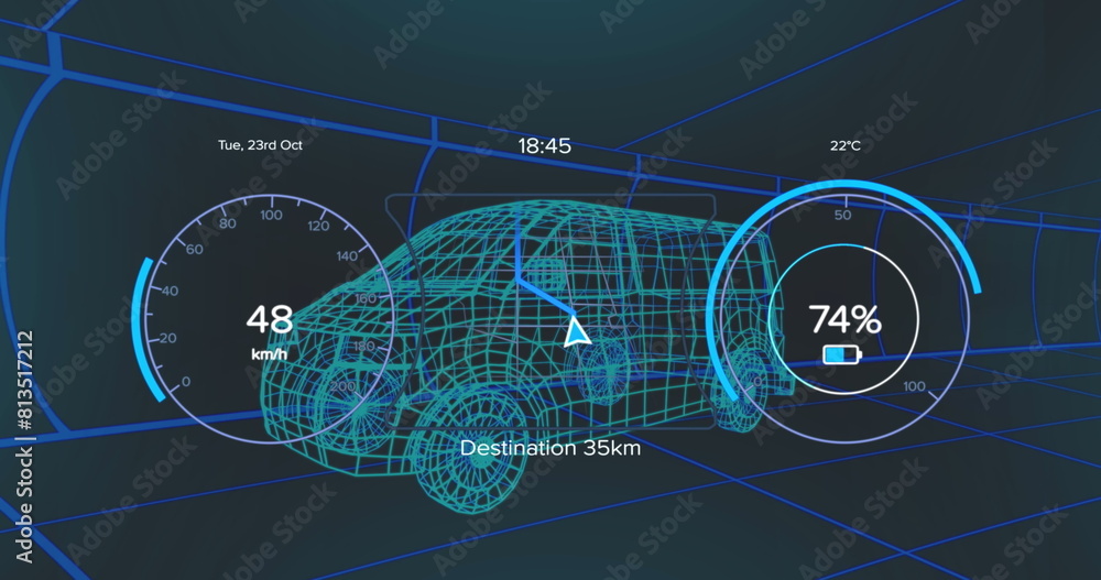 Poster image of digital dashboard data processing over van icon in seamless pattern